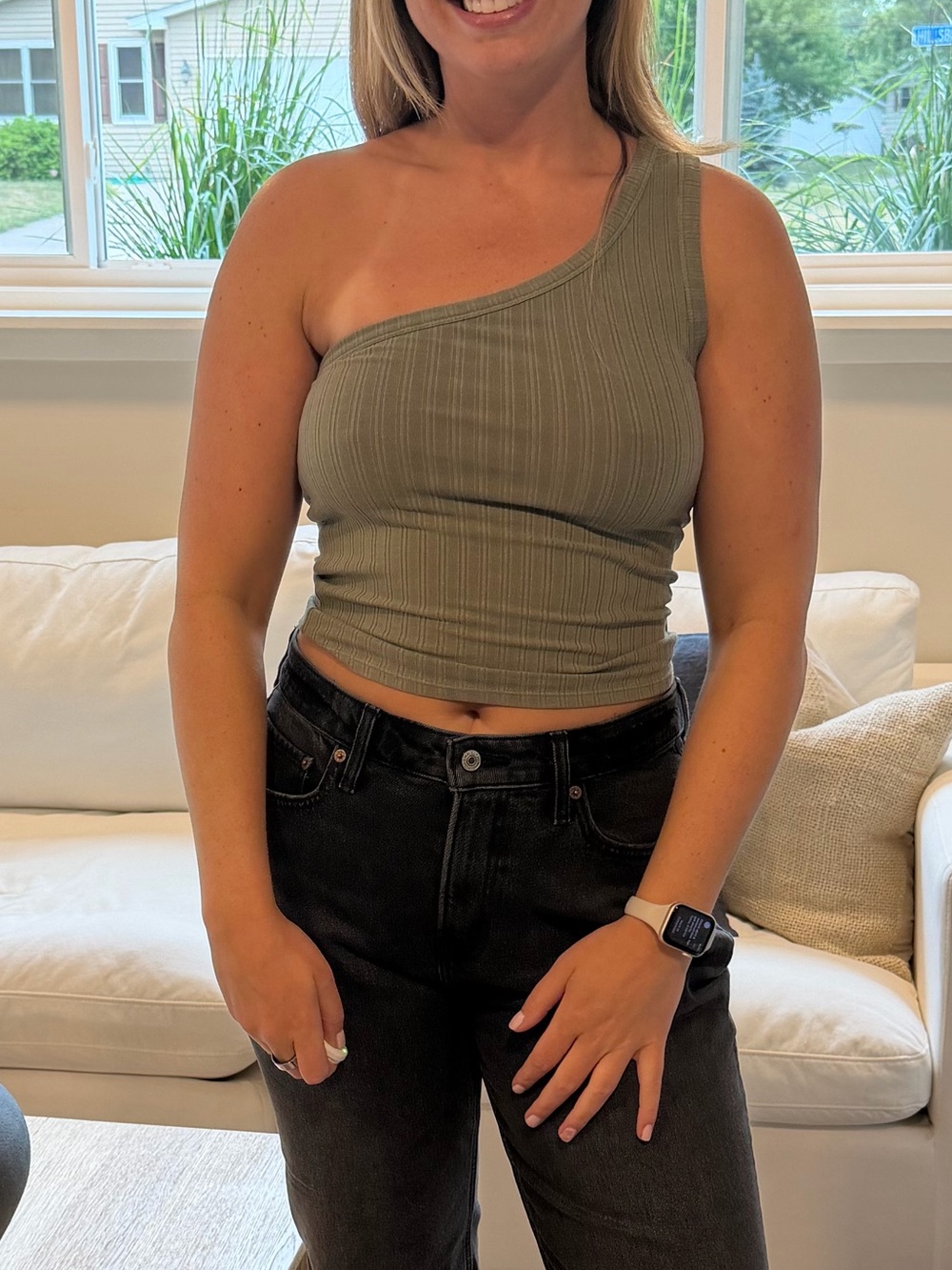 American Eagle Outfitters One-Shoulder Ribbed Tank in Olive